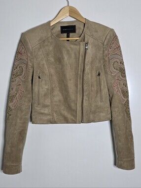 BCBGMAXAZRIA Nicholas Applique Suede* jacket Taupe Suede Embellished Size Small